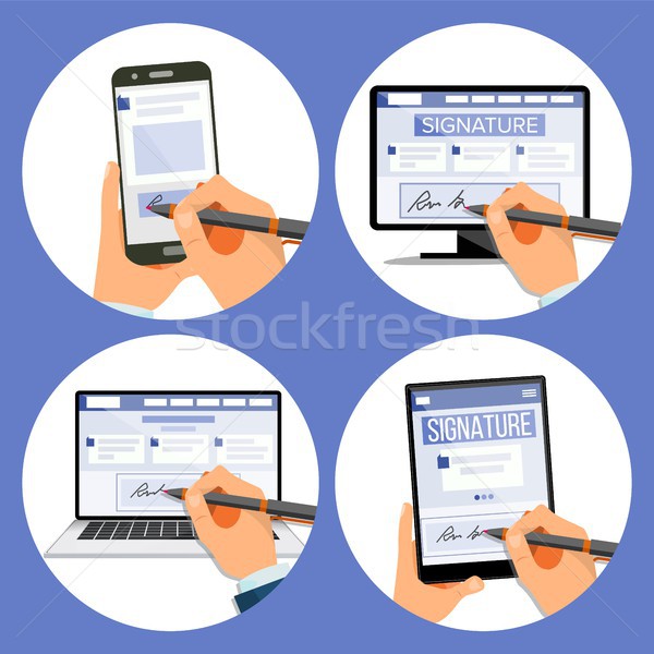 Electronic Signature Set Vector. Internet Document. Electronic Contract. Computer. Businessman Hands Stock photo © pikepicture