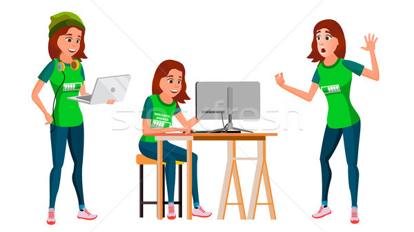 Young Business Woman Character Vector. Expressions. Working On The Computer. Cartoon Illustration Stock photo © pikepicture