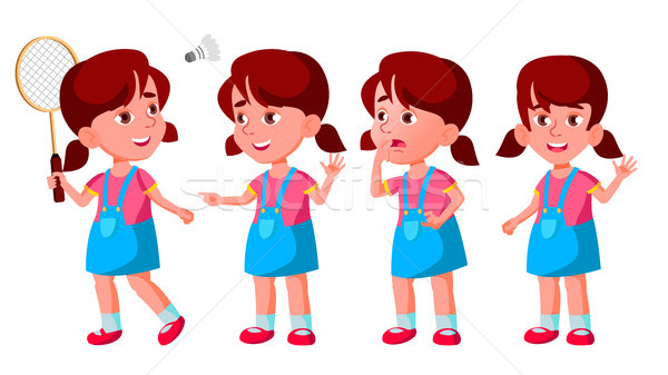 Girl Kindergarten Kid Poses Set Vector. Baby Expression. Preschooler. Life. For Postcard, Announceme Stock photo © pikepicture