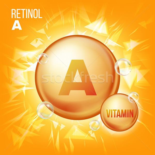 Vitamin A Retinol Vector. Vitamin Gold Oil Pill Icon. Organic Vitamin Gold Pill Icon. Capsule. For B Stock photo © pikepicture