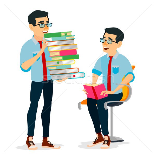 Man In Book Club Vector. Carrying Large Stack Of Books. Studying Student. Library, Academic, School, Stock photo © pikepicture