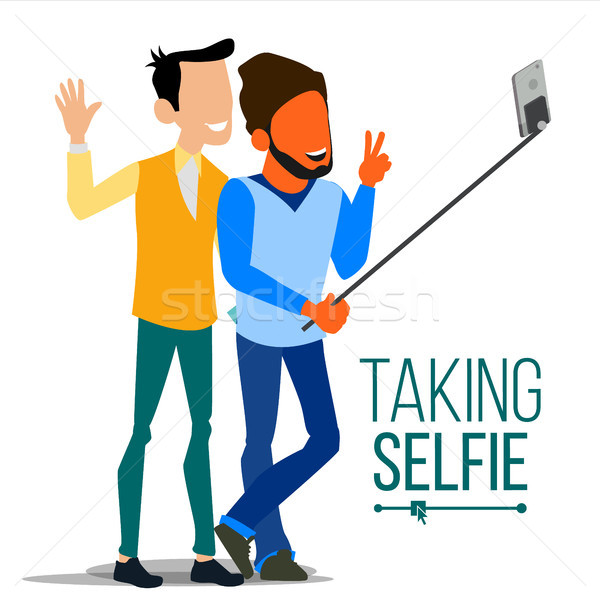 Men Taking Selfie Vector. Laughing. Photo Portrait Concept. Self Camera. Youth Concept. Modern Flat  Stock photo © pikepicture