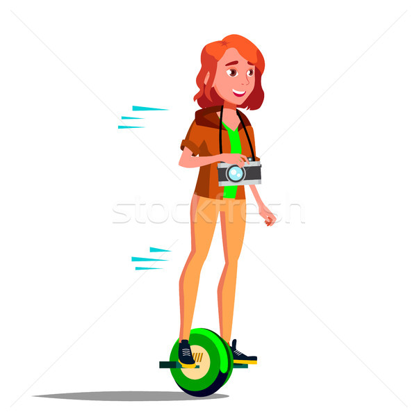 Teen Girl On Hoverboard Vector. Riding On Gyro Scooter. One-Wheel Electric Self-Balancing Scooter. P Stock photo © pikepicture