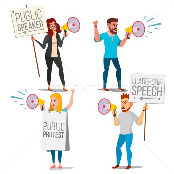 People Shouting Through Loud Speaker Vector. Leadership Speech. People On Strike. Demonstration Conc Stock photo © pikepicture