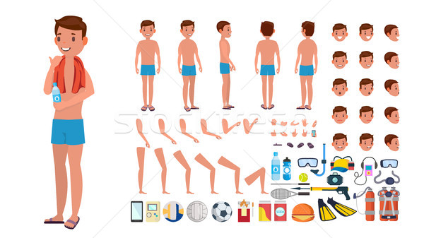 Man In Swimsuit Vector. Animated Male Character In Swimming Trunks. Summer Beach Creation Set. Full  Stock photo © pikepicture