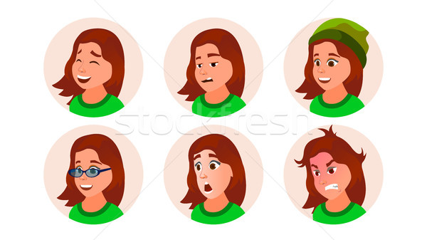 Young Girl Avatar Vector. Teen Woman Face, Emotions Set. Character Business People. Cartoon Illustra Stock photo © pikepicture