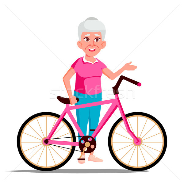 Old Woman With Bicycle Vector. City Bike. Outdoor Sport Activity. Eco Friendly. Isolated Illustratio Stock photo © pikepicture