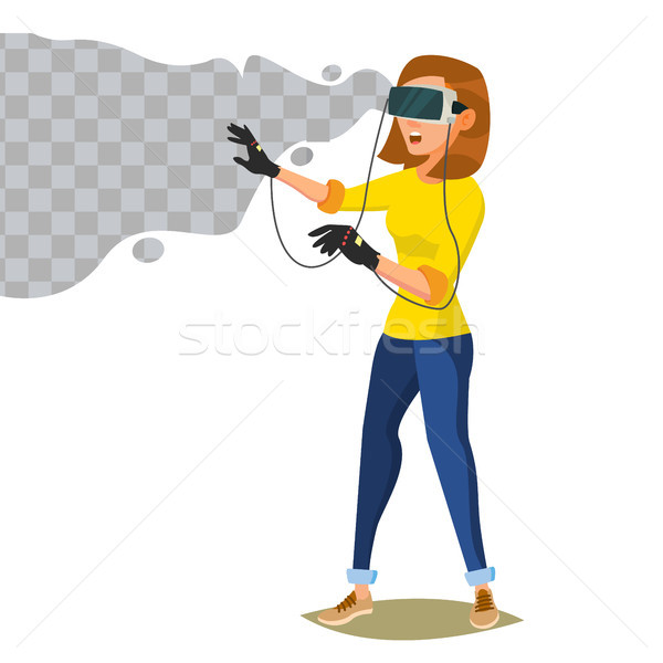 3d Reality Simulation Vector. Having A Good Time With Wearing Virtual Reality Device. Enjoying VR De Stock photo © pikepicture