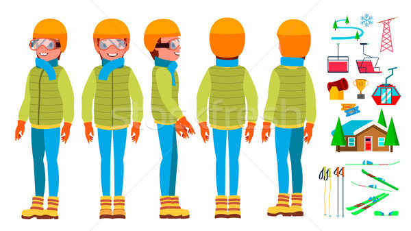 Skiing Man Male Vector. Skiing Sportsman. Season And Mountain. Cartoon Character Illustration Stock photo © pikepicture