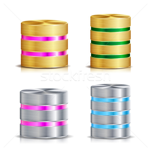 Network Database Disc Icon Vector Set. Realistic Illustration Of Computer Hard Disk. Golden Metal, S Stock photo © pikepicture