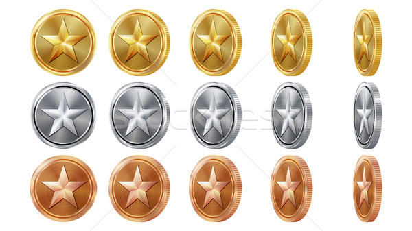 Game 3D Gold, Silver, Bronze Coins Set Vector With Star. Flip Different Angles. Achievement Coin Ico Stock photo © pikepicture