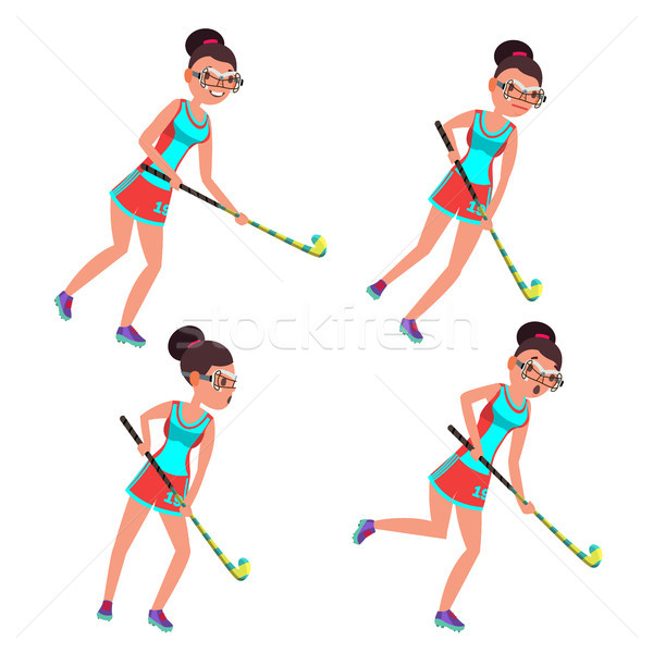 Young Woman Field Hockey Player Vector. Grass Hockey Game. Girl. Flat Cartoon Illustration Stock photo © pikepicture