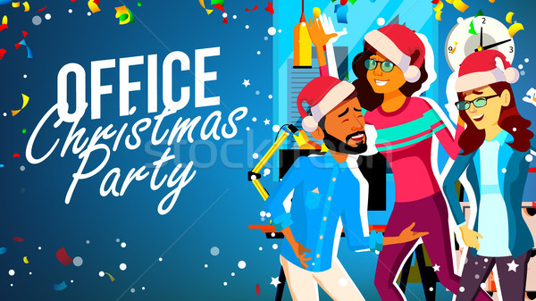 Christmas Party In Office Vector. Young Man, Woman. Santa Hats. Smiling. Celebrating New Year. Carto Stock photo © pikepicture