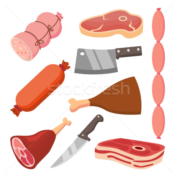 Fresh Meat Vector Set. Sausages, Knife. Flat Food Icons. Isolated Cartoon Illustration Stock photo © pikepicture