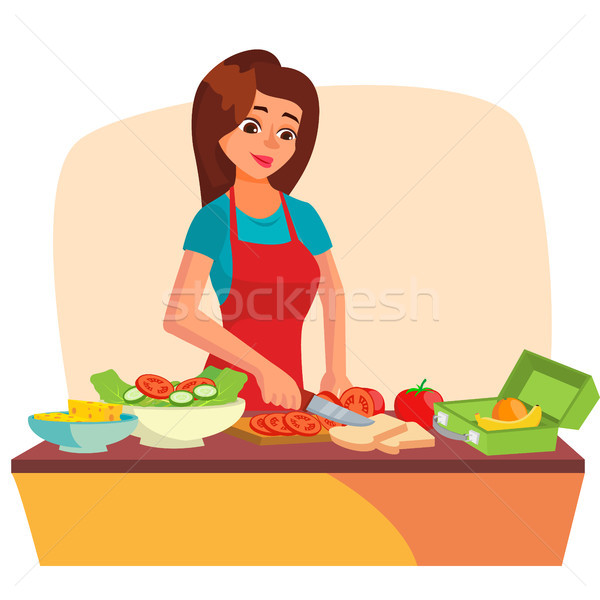 Stock photo: Lunch Box Vector. Making A Healthy School Lunch For Kids. Making School Lunch Box. Cartoon Character