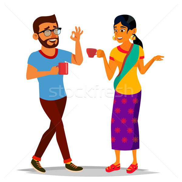 Talking Indian Man And Woman Vector. Laughing Friends, Office Colleagues. Communicating Hindu. Busin Stock photo © pikepicture