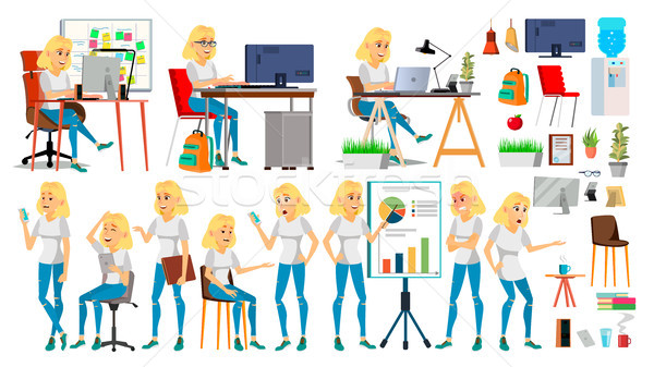 Stock photo: Business Woman Character Vector. In Action. Office. IT Startup Business Company. Blonde Elegant Mode