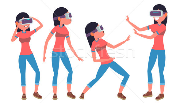 Woman In Virtual Reality Glasses Vector. Poses. 360 Game. Flat Illustration Stock photo © pikepicture