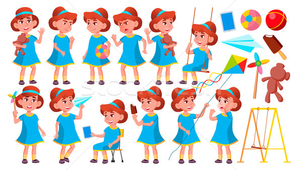 Girl Kindergarten Kid Poses Set Vector. Happy Children Character. Babysitting. For Advertisement, Gr Stock photo © pikepicture