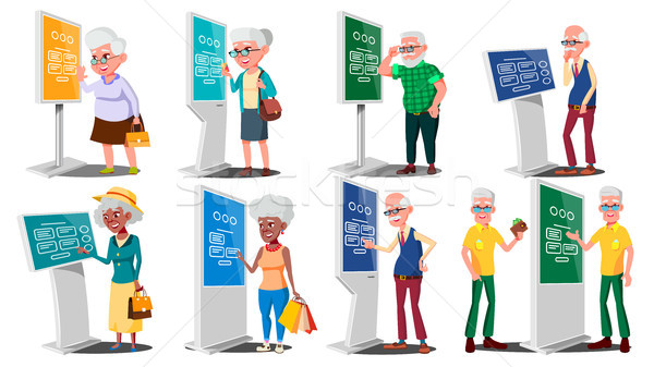 Old People Using ATM, Digital Terminal Vector. Man, Woman. Set. LCD Digital Signage For Indoor Using Stock photo © pikepicture