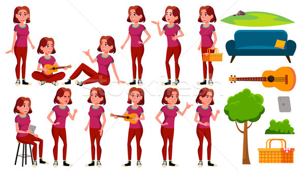 Teen Girl Poses Set Vector. Fun, Cheerful. For Web, Poster, Booklet Design. Isolated Cartoon Illustr Stock photo © pikepicture