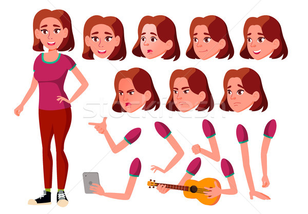 Teen Girl Vector. Teenager. Activity, Beautiful. Face Emotions, Various Gestures. Animation Creation Stock photo © pikepicture