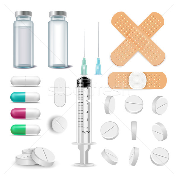 Medical Items Set Vector. Pills, Drugs, Ampoule, Syringe, Patch. Isolated Illustration Stock photo © pikepicture