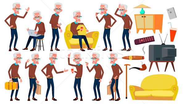 Old Man Poses Set Vector. Elderly People. Senior Person. Aged. Caucasian Retiree. Smile. Web, Poster Stock photo © pikepicture