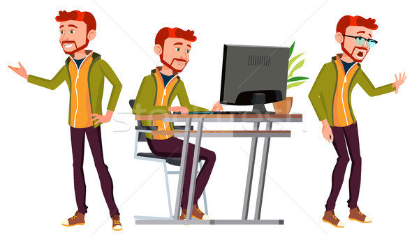 Office Worker Vector. Face Emotions, Various Gestures. Businessman Person. Poses. Front, Side View.  Stock photo © pikepicture
