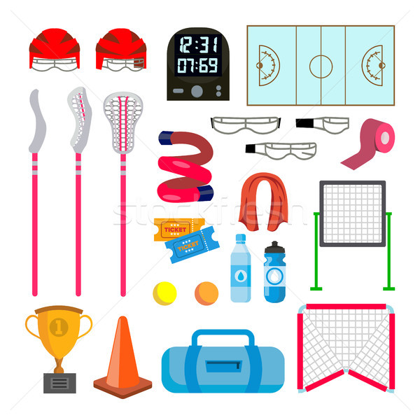Lacrosse Icons Set Vector. Lacrosse Accessories. Gates, Net, Glasses, Mask, Stick, Helmet, Box, Time Stock photo © pikepicture