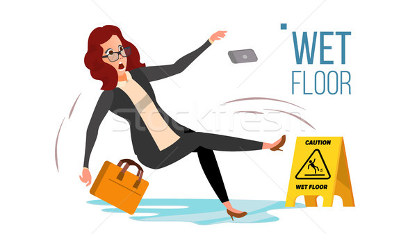 Stock photo: Woman Slips On Wet Floor Vector. Modern Business Woman In Office. Danger Situation. In Action. Clean