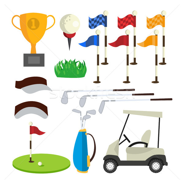 Golf Icons Set Vector. Golf Accessories. Cup, Flag, Grass, Cap, Stick, Bag, Car. Isolated Flat Carto Stock photo © pikepicture