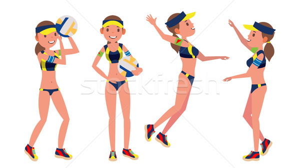 Female Beach Volleyball Player Vector. Professional Athlete. Players In Different Position. Sportswo Stock photo © pikepicture