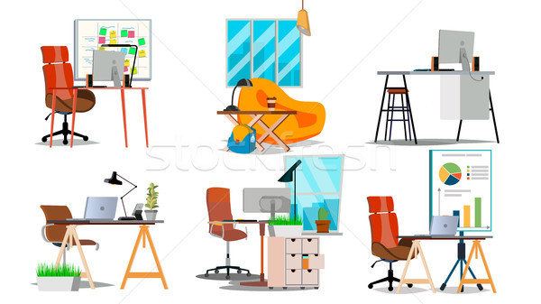 Office Workplace Interior Set Vector. Interior Of The Office Room, Creative Developer Studio. PC, Co Stock photo © pikepicture