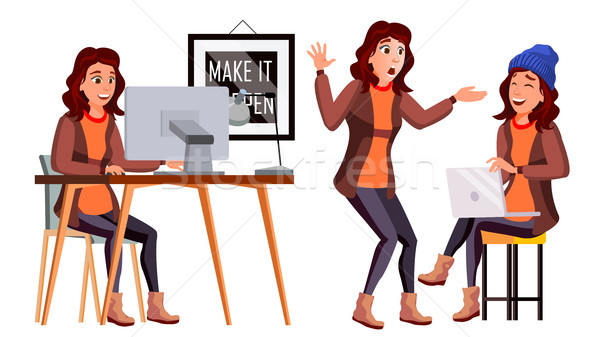 Office Worker Vector. Woman. Smiling Servant, Officer. Business Person. Face Emotions, Various Gestu Stock photo © pikepicture
