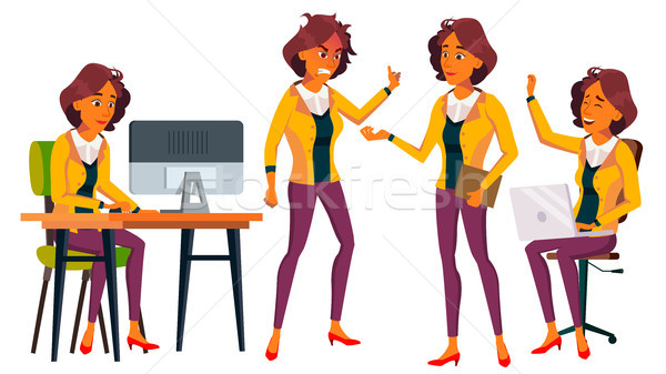 Stock photo: Office Worker Vector. Woman. Business Person. Face Emotions, Gestures. Situations. Flat Cartoon Illu