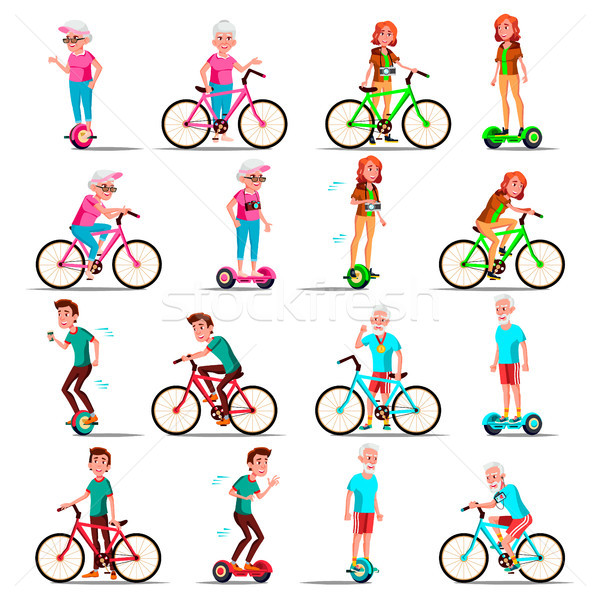 People Riding Hoverboard, Bicycle Vector. City Bike. Outdoor Sport Activity. Gyro Scooter. Activity. Stock photo © pikepicture