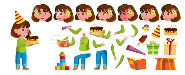 Girl Kindergarten Kid Vector. Animation Creation Set. Face Emotions, Gestures. Preschool, Childhood. Stock photo © pikepicture