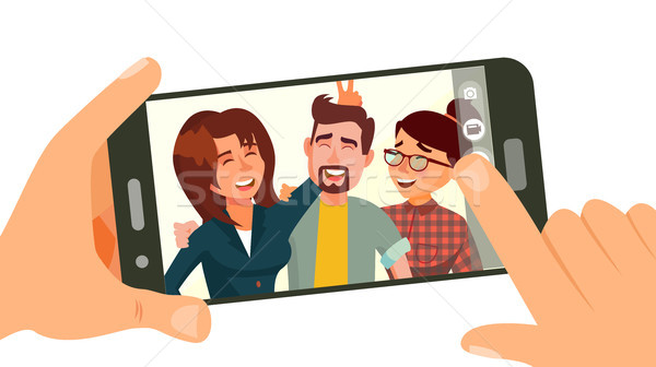 Taking Photo On Smartphone Vector. Smiling Friends Taking Selfie. People Posing. Hand Holding Smartp Stock photo © pikepicture