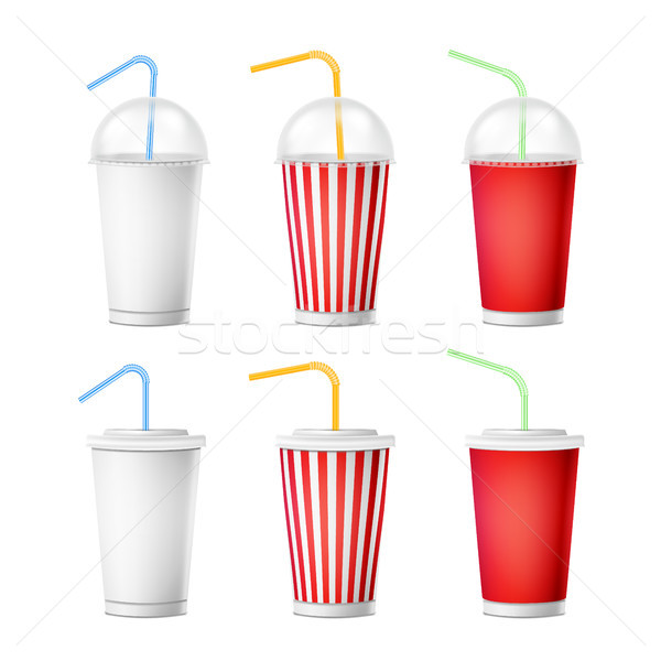 Soda Cup Template Vector. 3d Realistic Paper Disposable Cups Set For Beverages With Drinking Straw.  Stock photo © pikepicture