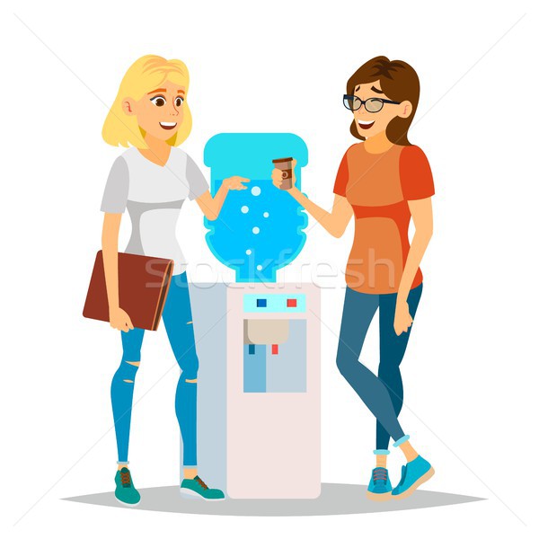 Water Cooler Gossip Vector. Modern Office Water Cooler. Laughing Friends, Office Colleagues Women Ta Stock photo © pikepicture
