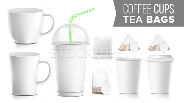 Disposable Paper Cups And Tea Bags Set Vector. Plastic And Ceramic. Take-out Soft Drinks Cup Templat Stock photo © pikepicture