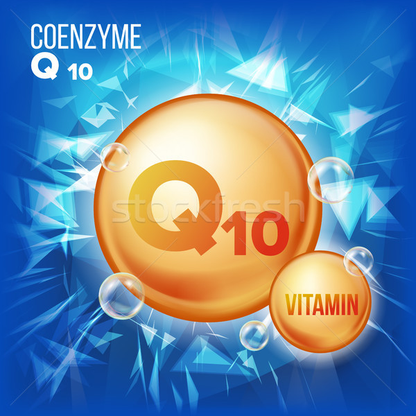 Vitamin Q10 Coenzyme Vector. Organic Vitamin Gold Pill Icon. Medicine Capsule, Golden Substance. For Stock photo © pikepicture