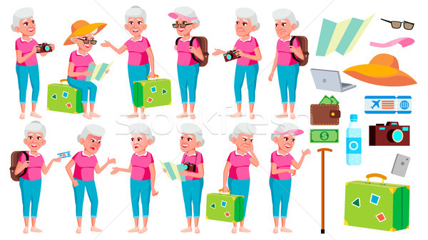 Old Woman Poses Set Vector. Elderly People. Senior Person. Aged. Tourist, Tourism. Beautiful Retiree Stock photo © pikepicture