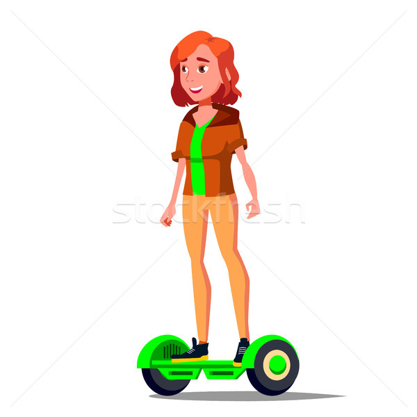 Teen Girl On Hoverboard Vector. Riding On Gyro Scooter. Outdoor Activity. Two-Wheel Electric Self-Ba Stock photo © pikepicture