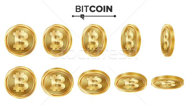 Stock photo: Bitcoin 3D Gold Coins Vector Set. Realistic. Flip Different Angles. Digital Currency Money. Investme