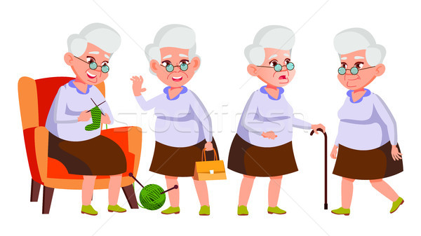 Old Woman Poses Set Vector. Elderly People. Senior Person. Aged. Funny Pensioner. Leisure. Postcard, Stock photo © pikepicture