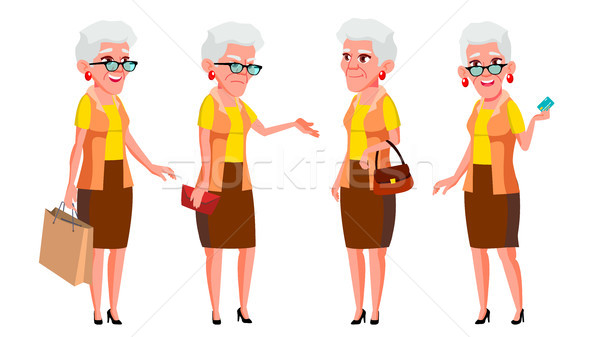 Old Woman Poses Set Vector. Elderly People. Senior Person. Aged. Cute Retiree. Activity. Advertiseme Stock photo © pikepicture