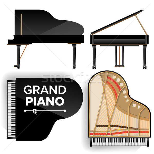 Stock photo: Black Grand Piano Set Icon Vector With Shadow. Realistic Keyboard. Isolated Illustration. Top And Ba