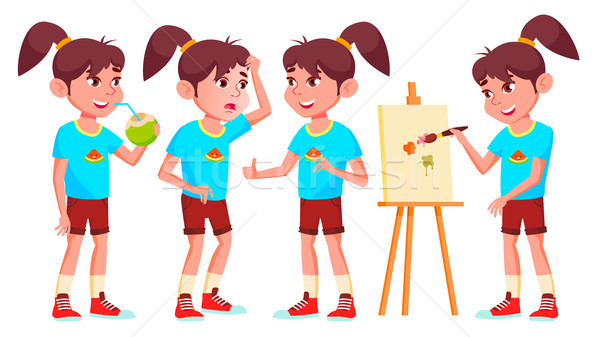 Girl Schoolgirl Kid Poses Set Vector. High School Child. Secondary Education. Educational, Auditoriu Stock photo © pikepicture